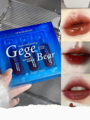 Gege Bear Dazzling Watergloss Lip Glaze Set for Women – High-Shine Hydrating Lip Gloss Trio
